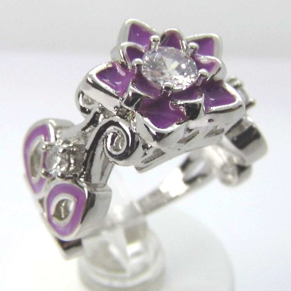 FLOWER purple Enamel Silver RING sz 6